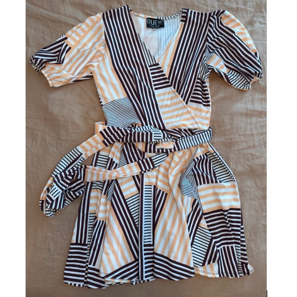 Burgundy peach white and black dress.